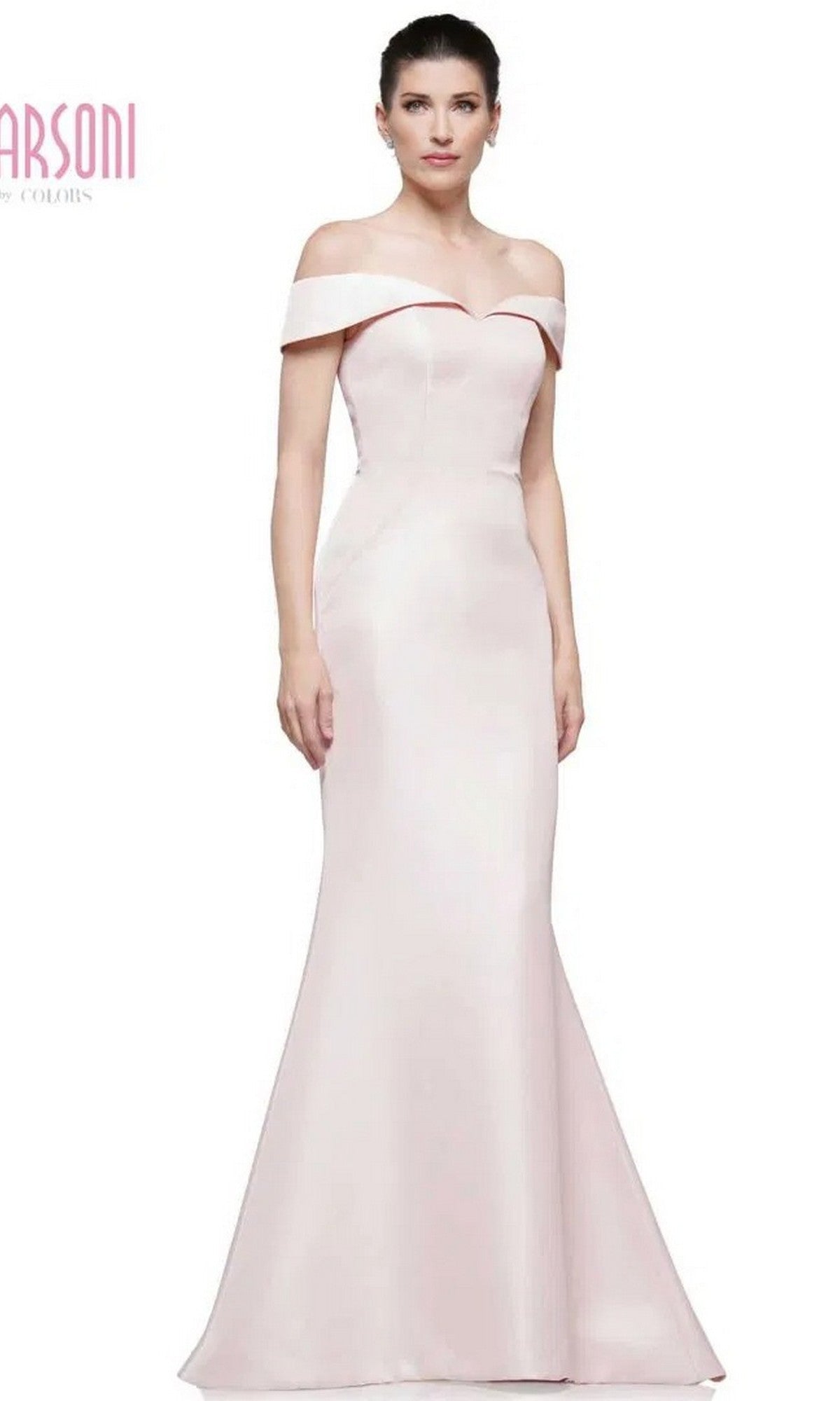 A woman wears the Marsoni MV1003 long formal dress in blush, an off-the-shoulder satin gown with a fitted bodice, flared skirt, and beaded floral details, standing against a white background.